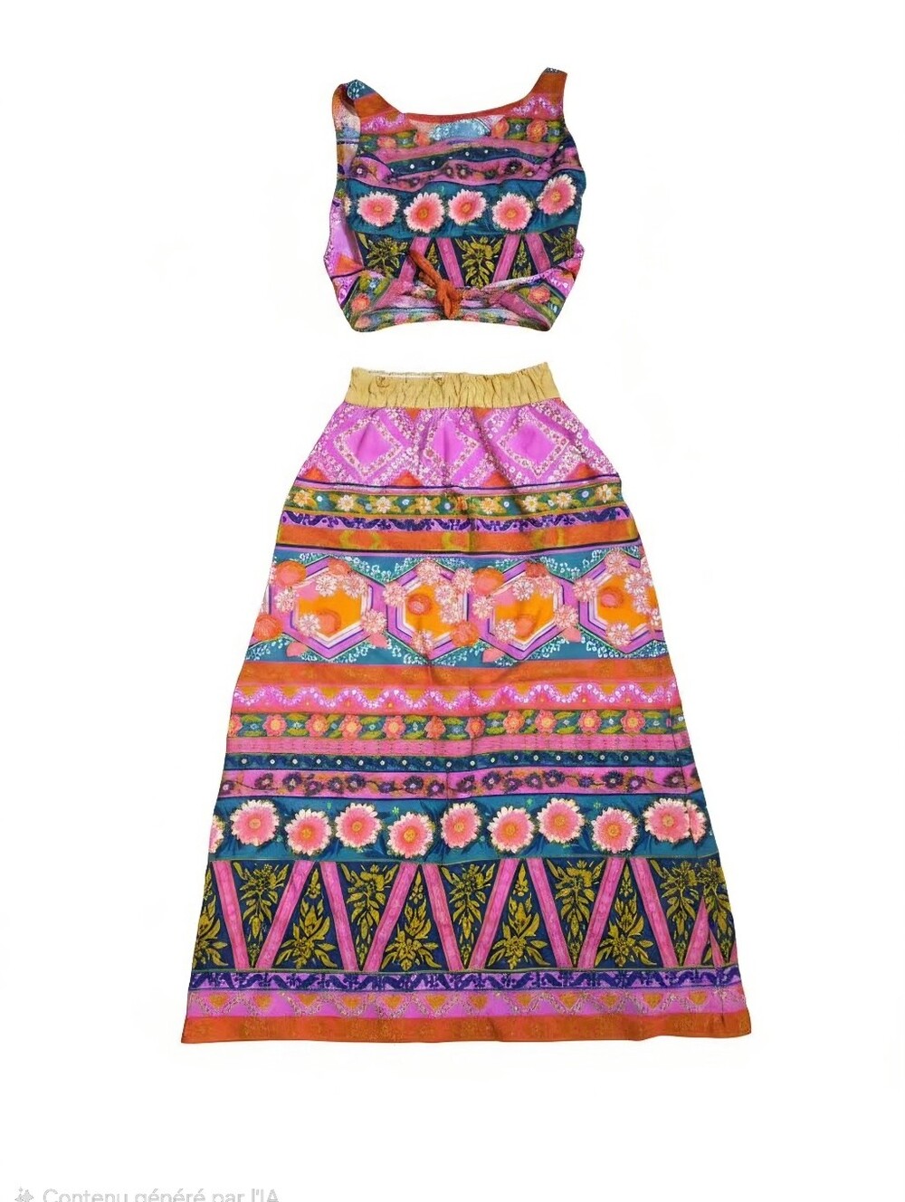 Vintage Handmade Pink, Green Coulourful Maxi Skirt And Crop Top Set XS/ Small